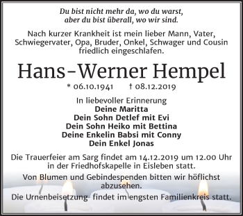 Traueranzeige von Hans-Werner Hempel von Mitteldeutsche Zeitung Mansfelder Land