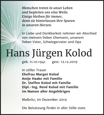 Traueranzeige von Hans Jürgen Kolod von Super Sonntag Zeitz