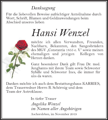 Traueranzeige von Hansi Wenzel von Super Sonntag Aschersleben