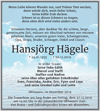 Traueranzeige von Hansjörg Hagele von Mitteldeutsche Zeitung Merseburg/Querfurt
