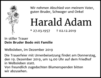 Traueranzeige von Harald Adam von Super Sonntag Mansfelder Land
