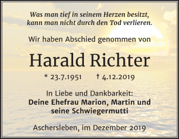 Traueranzeige von Harald Richter von Super Sonntag Aschersleben