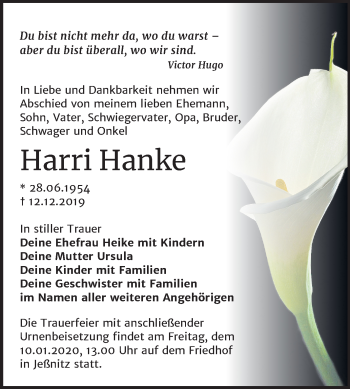 Traueranzeige von Harri Hanke von Wochenspiegel Bitterfeld