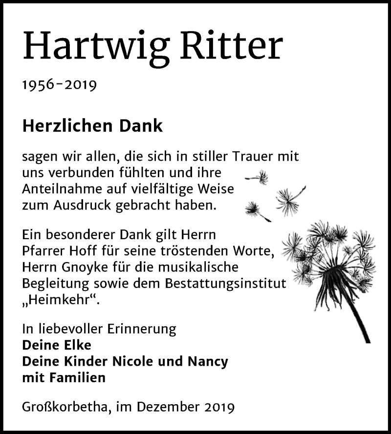  Traueranzeige für Hartwig Ritter vom 14.12.2019 aus Mitteldeutsche Zeitung Weißenfels