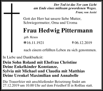 Traueranzeige von Hedwig Pittermann von Super Sonntag Dessau-Roßlau