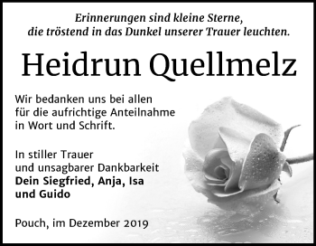 Traueranzeige von Heidrun Quellmelz von Wochenspiegel Bitterfeld