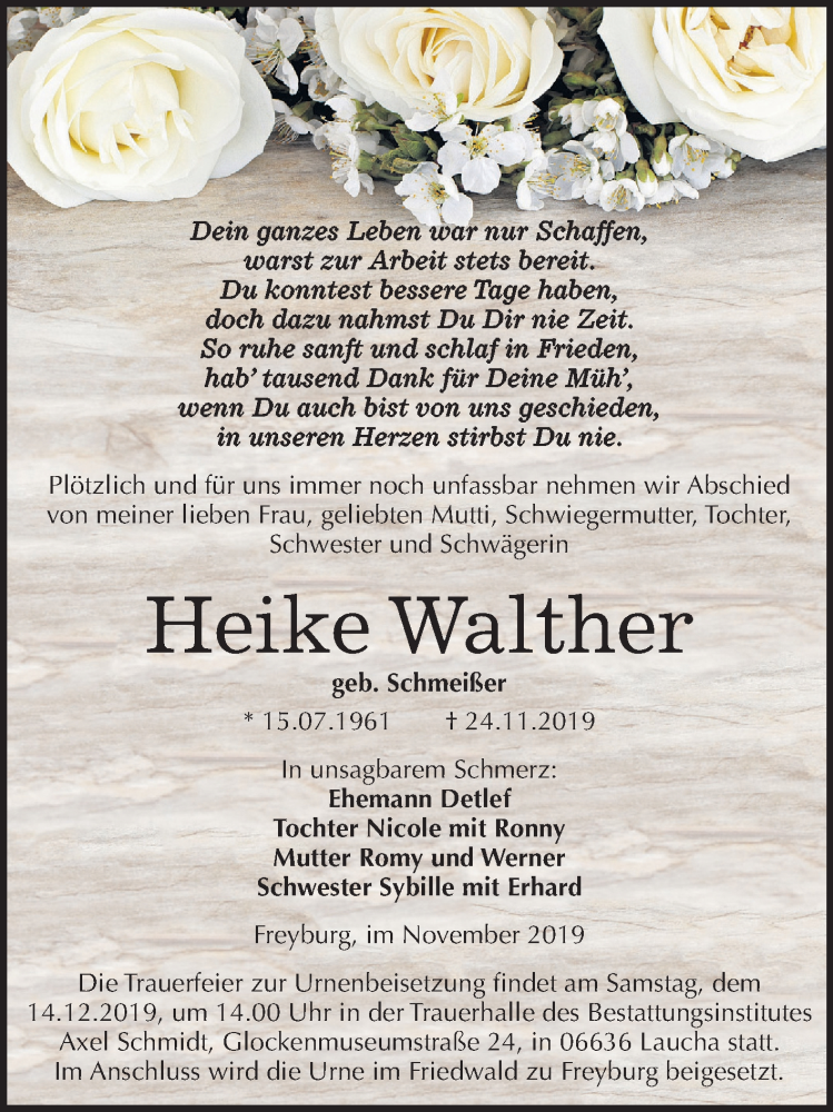  Traueranzeige für Heike Walther vom 04.12.2019 aus Wochenspiegel Naumburg/Nebra
