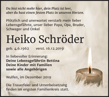 Traueranzeige von Heiko Schröder von Super Sonntag Köthen