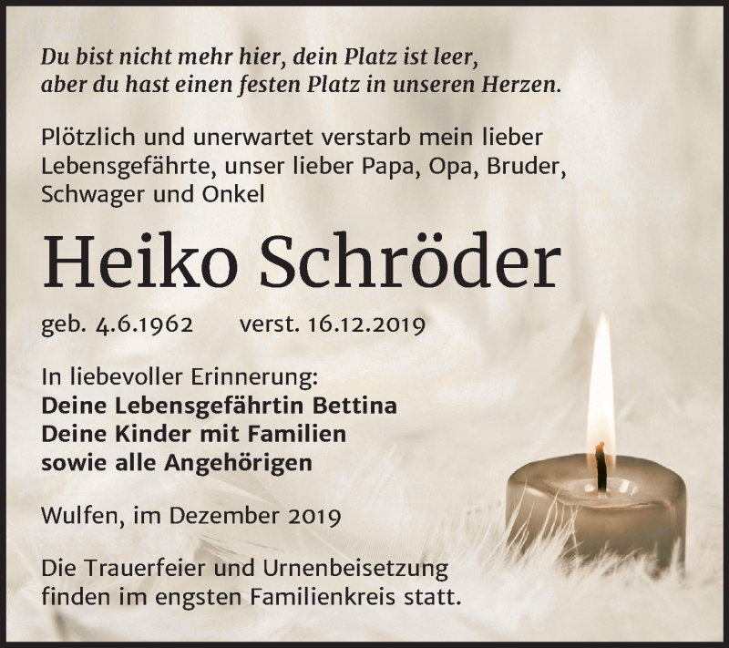  Traueranzeige für Heiko Schröder vom 18.12.2019 aus Mitteldeutsche Zeitung Köthen