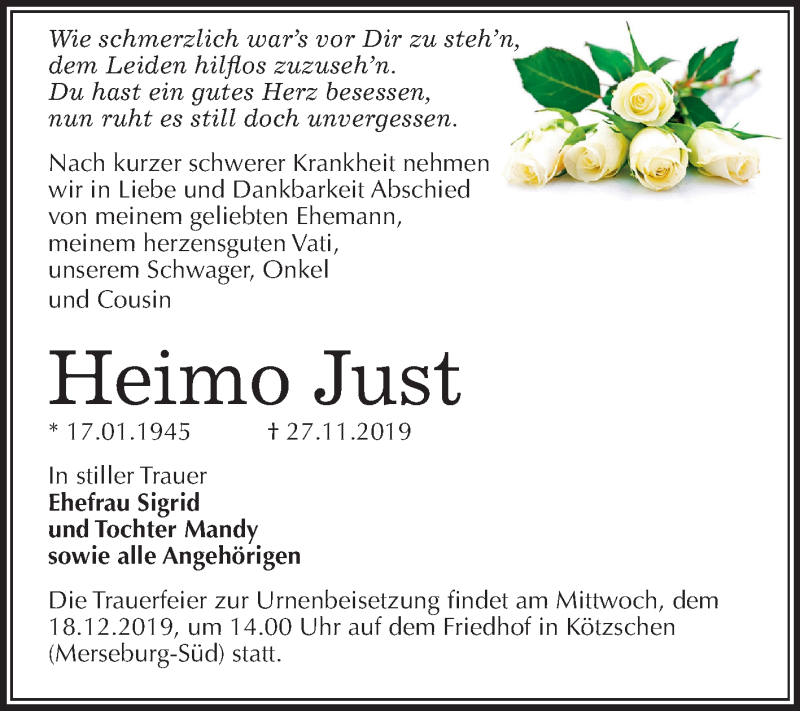  Traueranzeige für Heimo Just vom 07.12.2019 aus Super Sonntag Merseburg/Querfurt