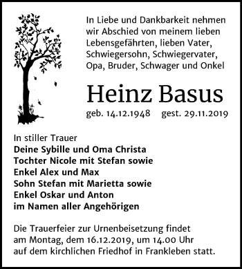 Traueranzeige von Heinz Basus von Super Sonntag Merseburg/Querfurt