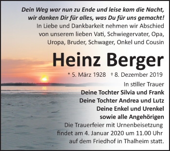 Traueranzeige von Heinz Berger von Wochenspiegel Bitterfeld