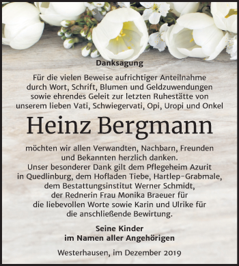 Traueranzeige von Heinz Bergmann von Mitteldeutsche Zeitung Quedlinburg