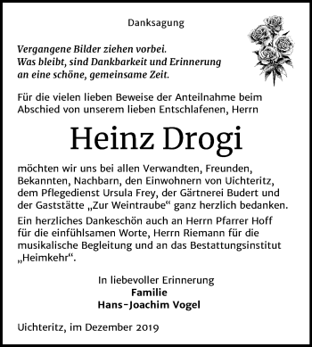 Traueranzeige von Heinz Drogi von Wochenspiegel Weißenfels