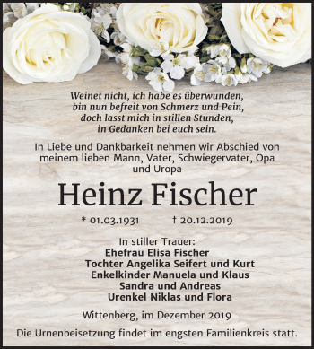 Traueranzeige von Heinz Fischer von Mitteldeutsche Zeitung Wittenberg
