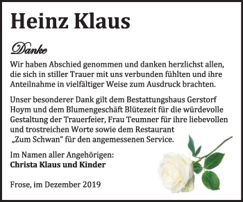 Traueranzeige von Heinz Klaus von Super Sonntag Aschersleben / Quedlinburg