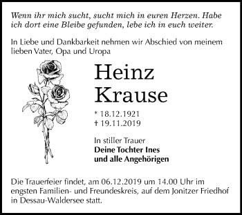 Traueranzeige von Heinz Krause von Mitteldeutsche Zeitung Dessau-Roßlau