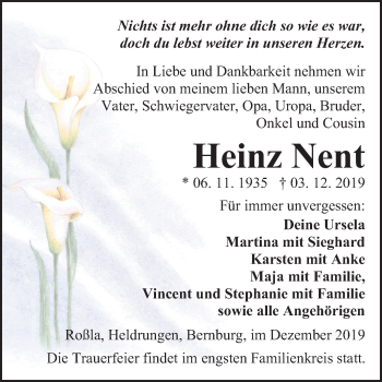 Traueranzeige von Heinz Nent von Wochenspiegel Sangerhausen