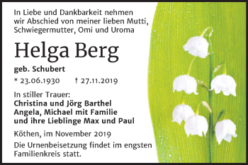 Traueranzeige von Helga Berg von Mitteldeutsche Zeitung Köthen