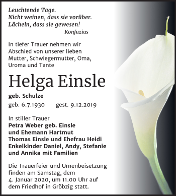 Traueranzeige von Helga Einsle von Super Sonntag Köthen