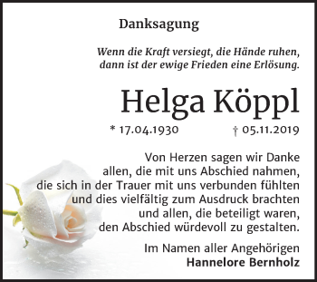 Traueranzeige von Helga Köppl von Super Sonntag Wittenberg