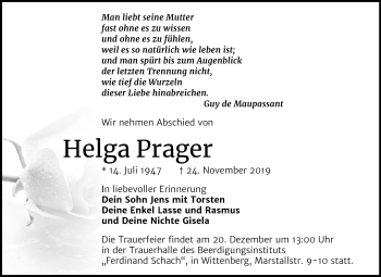 Traueranzeige von Helga Prager von Mitteldeutsche Zeitung Wittenberg