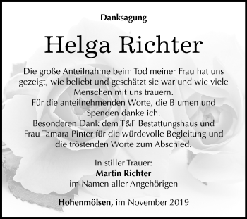 Traueranzeige von Helga Richter von Wochenspiegel Weißenfels