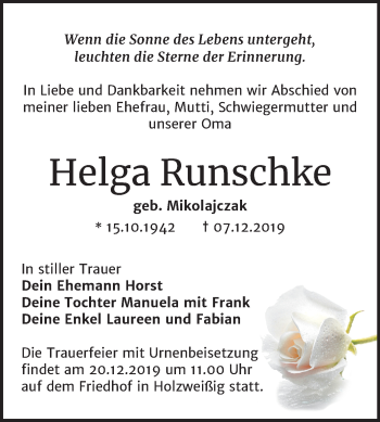 Traueranzeige von Helga Runschke von Wochenspiegel Bitterfeld