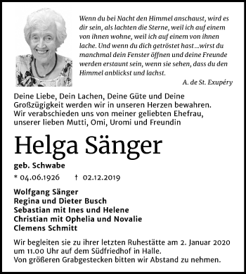 Traueranzeige von Helga Sänger von Mitteldeutsche Zeitung Halle/Saalkreis