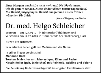 Traueranzeige von Helgo Schleicher von Mitteldeutsche Zeitung Quedlinburg