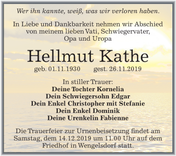 Traueranzeige von Hellmut Kathe von Wochenspiegel Weißenfels