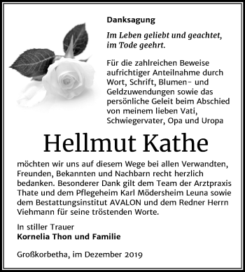 Traueranzeige von Hellmut Kathe von Wochenspiegel Weißenfels