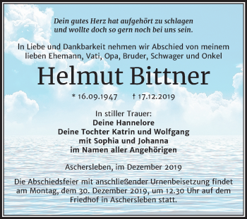 Traueranzeige von Helmut Bittner von Super Sonntag Aschersleben