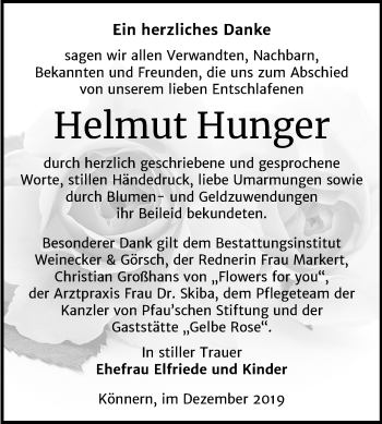 Traueranzeige von Helmut Hunger von Mitteldeutsche Zeitung Bernburg