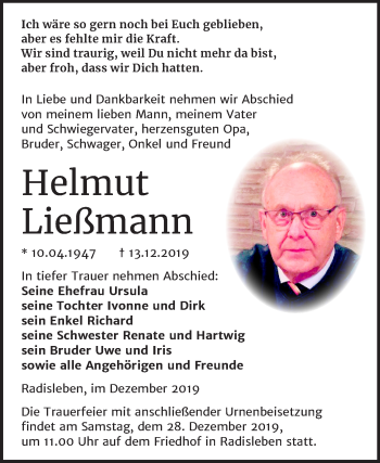 Traueranzeige von Helmut Ließmann von Mitteldeutsche Zeitung Quedlinburg
