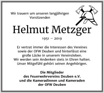 Traueranzeige von Helmut Metzger von Wochenspiegel Weißenfels