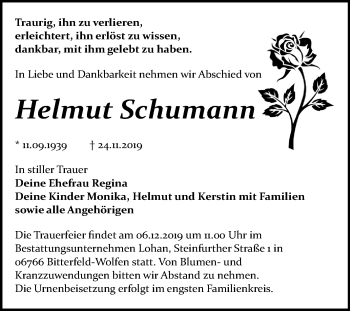 Traueranzeige von Helmut Schumann von Wochenspiegel Bitterfeld