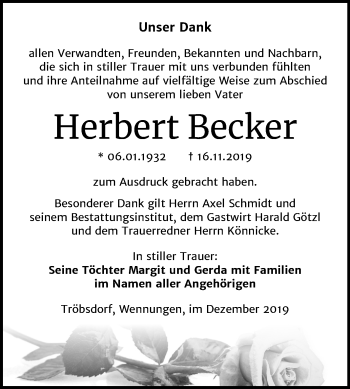 Traueranzeige von Herbert Becker von Wochenspiegel Naumburg/Nebra