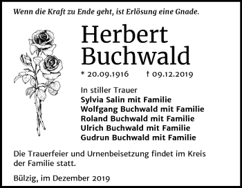 Traueranzeige von Herbert Buchwald von Super Sonntag Wittenberg