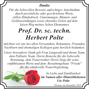 Traueranzeige von Herbert Polte von Super Sonntag Dessau-Roßlau