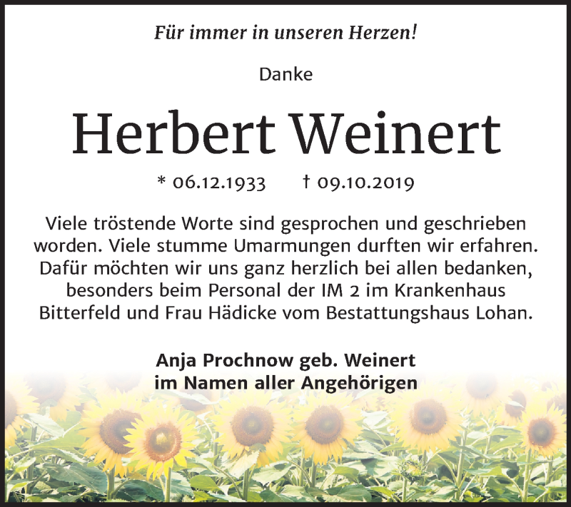  Traueranzeige für Herbert Weinert vom 11.12.2019 aus Wochenspiegel Bitterfeld