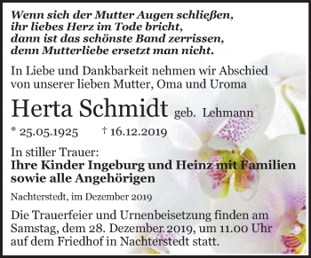 Traueranzeige von Herta Schmidt von Super Sonntag Aschersleben
