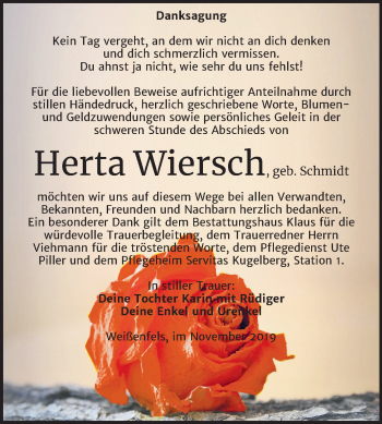 Traueranzeige von Herta Wiersch von Mitteldeutsche Zeitung Weißenfels