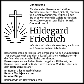 Traueranzeige von Hildegard Friedrich von Wochenspiegel Quedlinburg