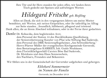 Traueranzeige von Hildegard Fritsche von Mitteldeutsche Zeitung Quedlinburg