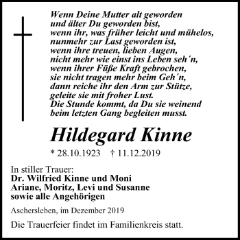 Traueranzeige von Hildegard Kinne von Mitteldeutsche Zeitung Aschersleben