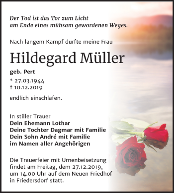 Traueranzeige von Hildegard Müller von Wochenspiegel Bitterfeld