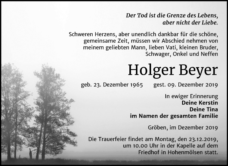  Traueranzeige für Holger Beyer vom 18.12.2019 aus Wochenspiegel Weißenfels