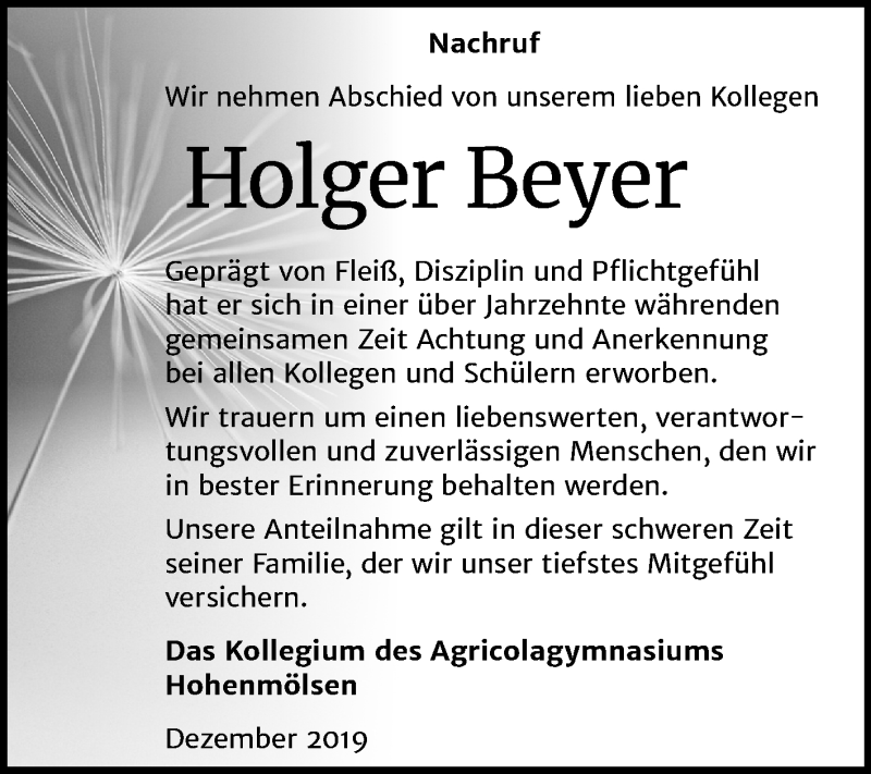  Traueranzeige für Holger Beyer vom 28.12.2019 aus Mitteldeutsche Zeitung Weißenfels
