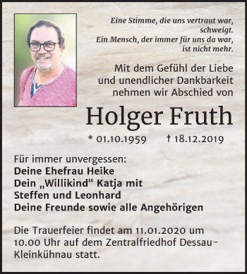 Traueranzeige von Holger Fruth von Mitteldeutsche Zeitung Dessau-Roßlau